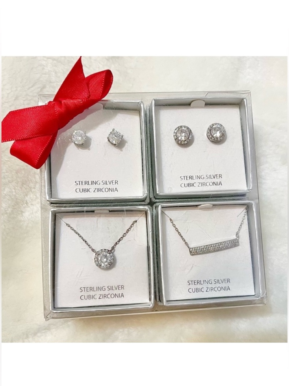 Sterling Silver Cubic Zirconia Necklace and Earring Gift Set - Silver